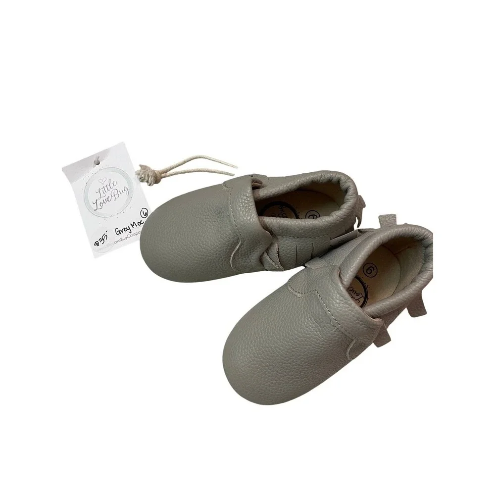 Little Love Bug Moccasins Grey Leather Fringe Toddler Size 6 Boho